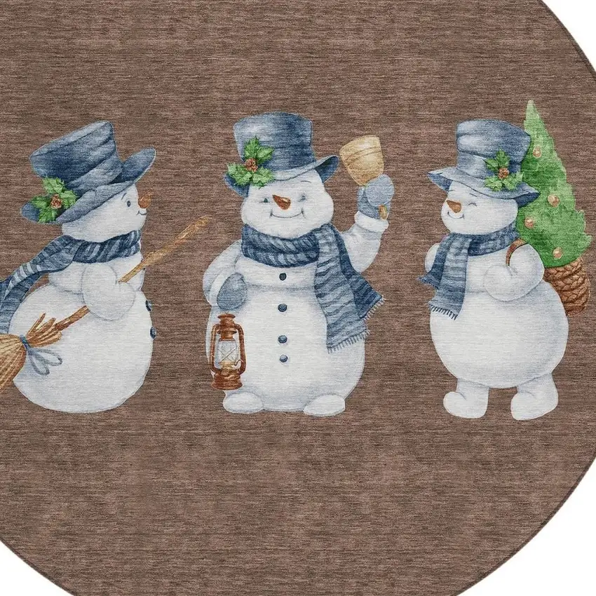 8' Brown Denim Blue And Ivory Round Botanical Leaves Washable Indoor Outdoor Area Rug Photo 4