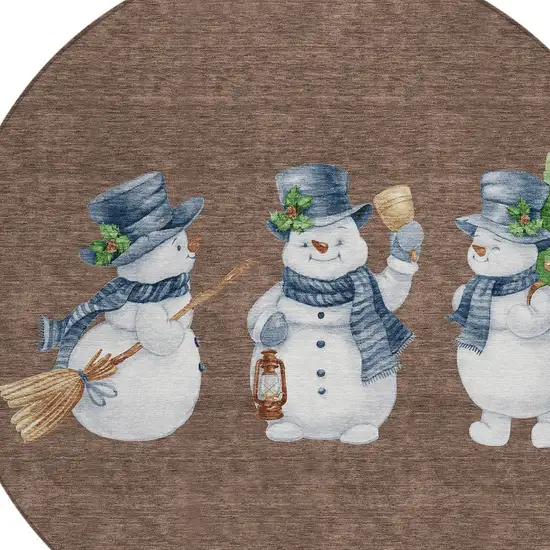 8' Brown Denim Blue And Ivory Round Botanical Leaves Washable Indoor Outdoor Area Rug Photo 9