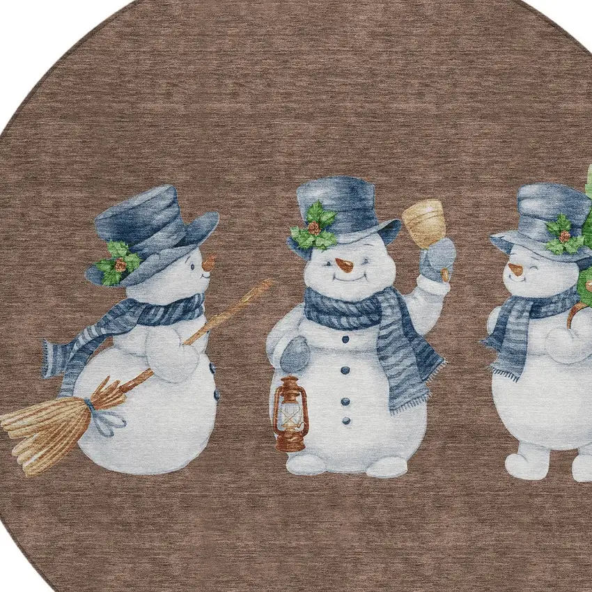 8' Brown Denim Blue And Ivory Round Botanical Leaves Washable Indoor Outdoor Area Rug Photo 9