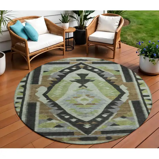 8' Brown Fern Green And Gray Round Tribal Washable Indoor Outdoor Area Rug Photo 2
