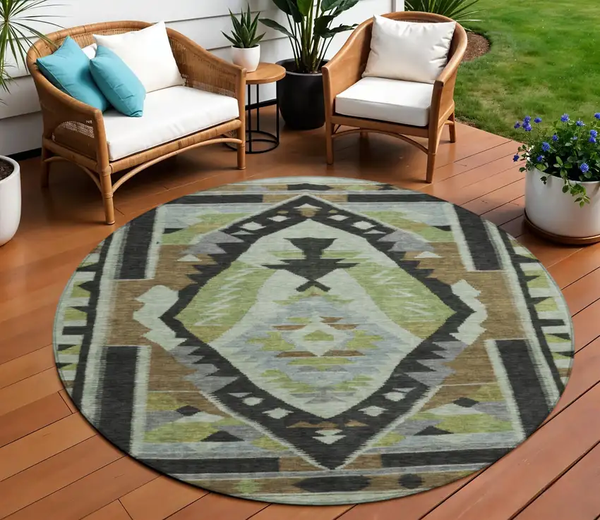 8' Brown Fern Green And Gray Round Tribal Washable Indoor Outdoor Area Rug Photo 2