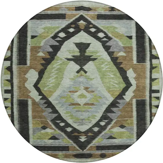 8' Brown Fern Green And Gray Round Tribal Washable Indoor Outdoor Area Rug Photo 1