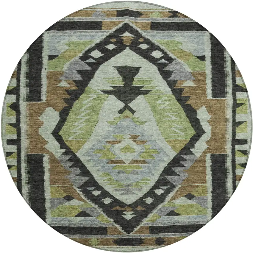 8' Brown Fern Green And Gray Round Tribal Washable Indoor Outdoor Area Rug Photo 1