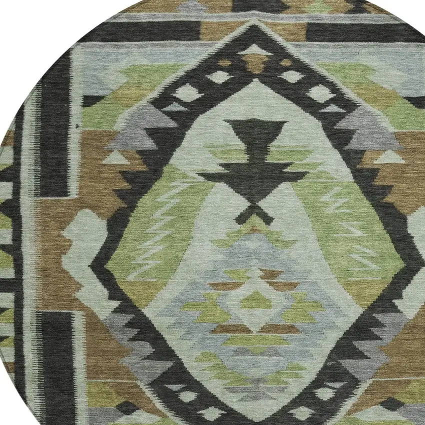 8' Brown Fern Green And Gray Round Tribal Washable Indoor Outdoor Area Rug Photo 8