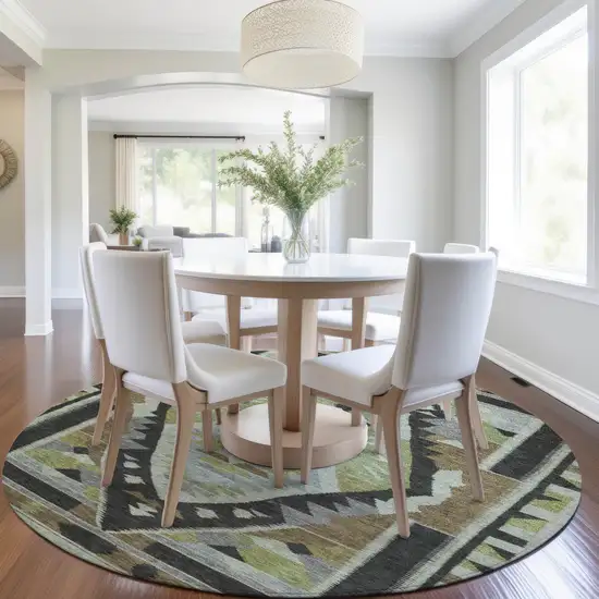 8' Brown Fern Green And Gray Round Tribal Washable Indoor Outdoor Area Rug Photo 6