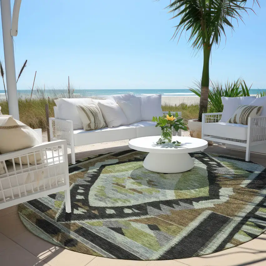 8' Brown Fern Green And Gray Round Tribal Washable Indoor Outdoor Area Rug Photo 5