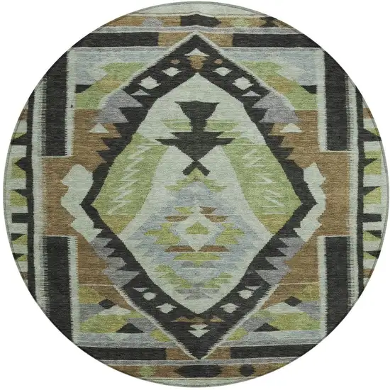 8' Brown Fern Green And Gray Round Tribal Washable Indoor Outdoor Area Rug Photo 4
