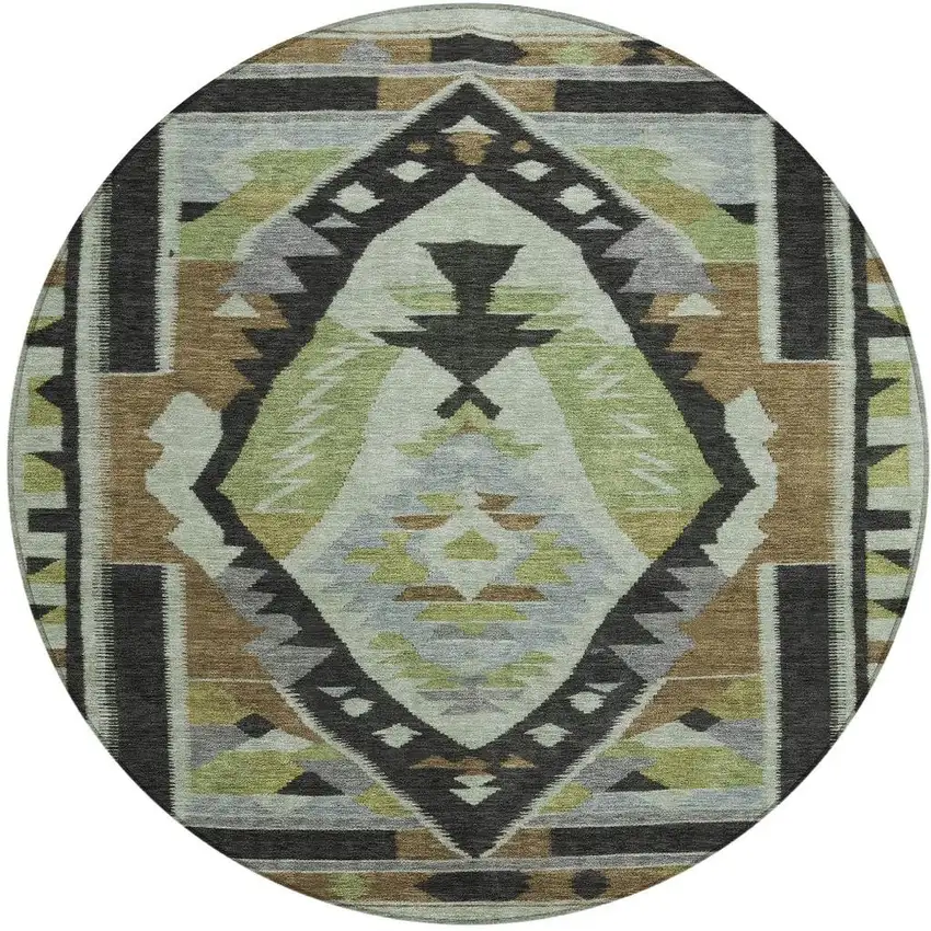 8' Brown Fern Green And Gray Round Tribal Washable Indoor Outdoor Area Rug Photo 4
