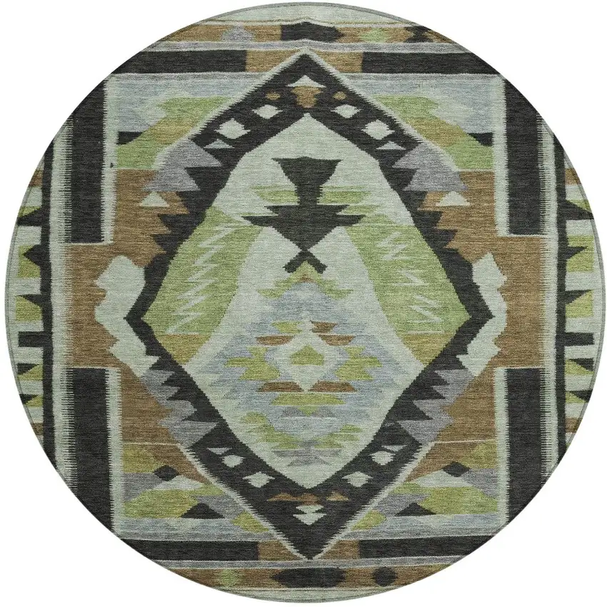 8' Brown Fern Green And Gray Round Tribal Washable Indoor Outdoor Area Rug Photo 3