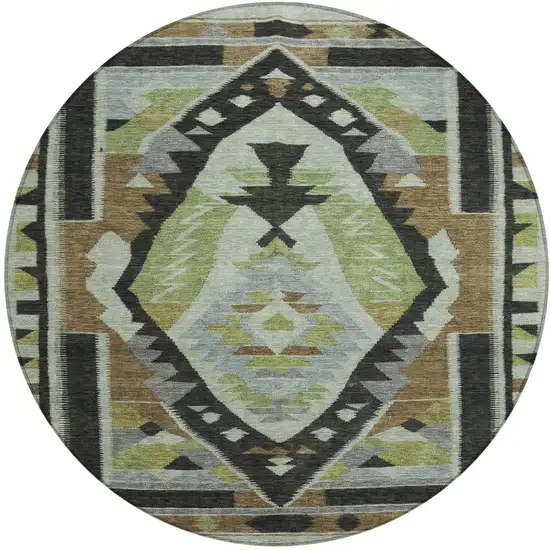 8' Brown Fern Green And Gray Round Tribal Washable Indoor Outdoor Area Rug Photo 3