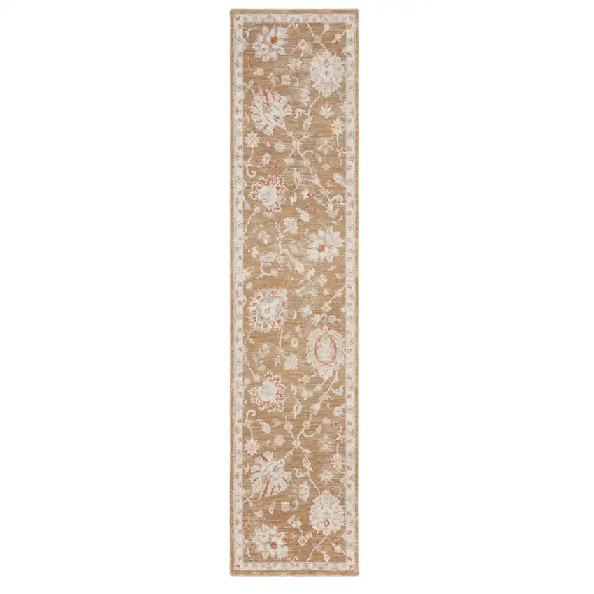 10' Brown Floral Power Loom Distressed Runner Rug Photo 1