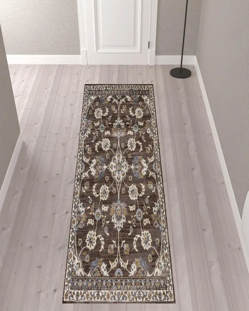 10' Brown Floral Power Loom Runner Rug With Fringe Photo 2