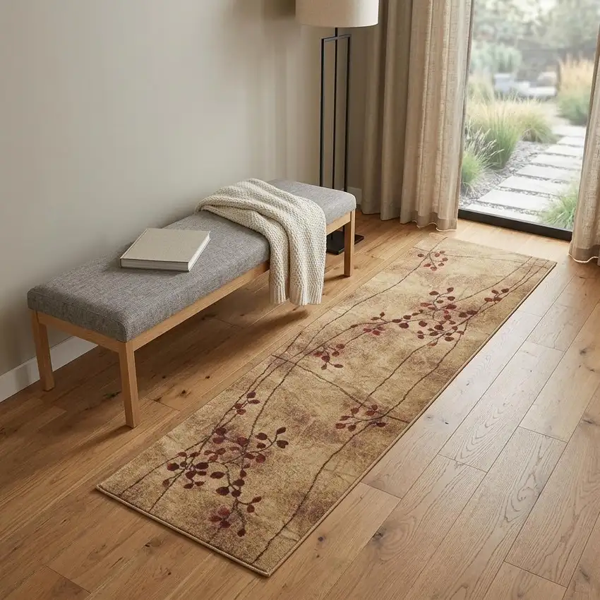 6' Brown Floral Power Loom Runner Rug Photo 1