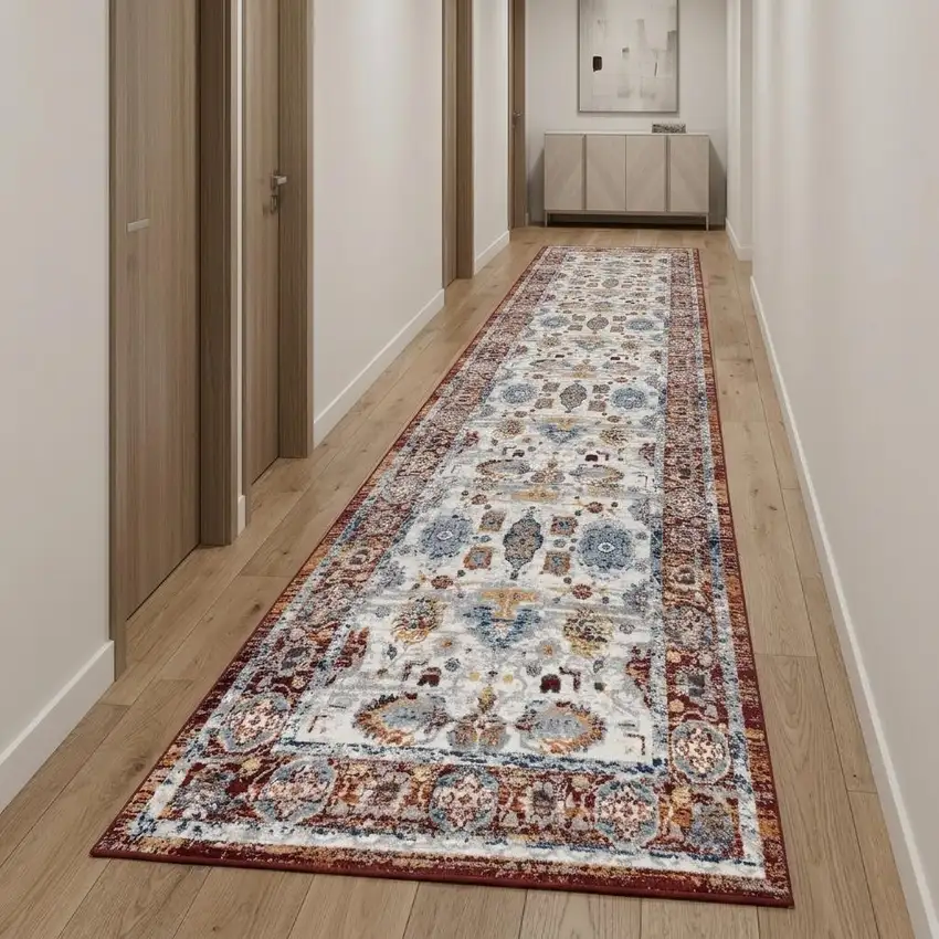 10' Ivory Brown And Orange Floral Runner Rug Photo 1