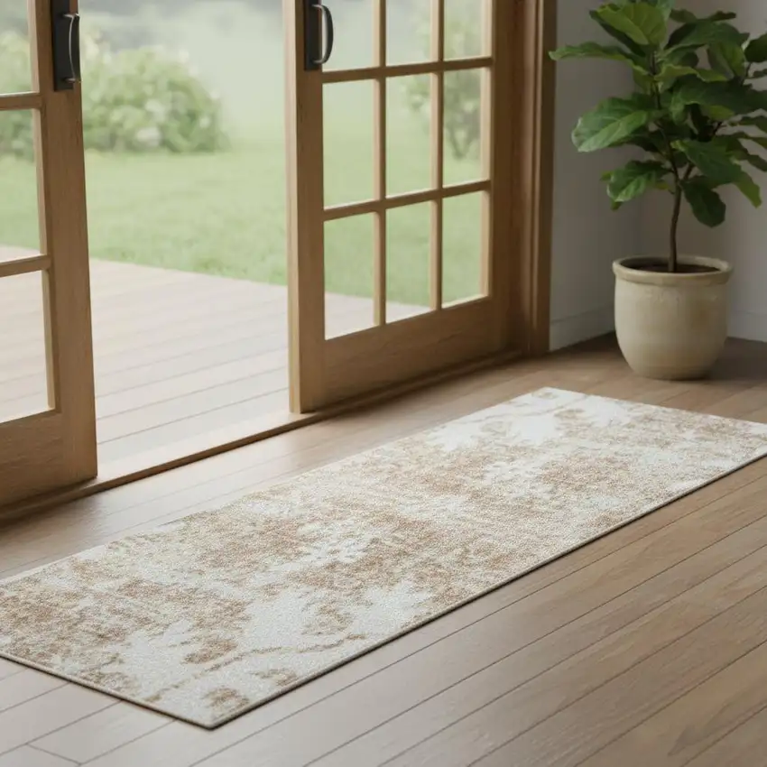 6' Brown Floral Power Loom Worn Faded Runner Rug Photo 1