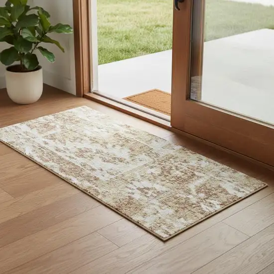 6' Brown Floral Power Loom Worn Faded Runner Rug Photo 1