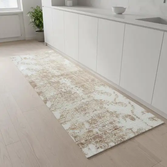 8' Brown Floral Power Loom Worn Faded Runner Rug Photo 1