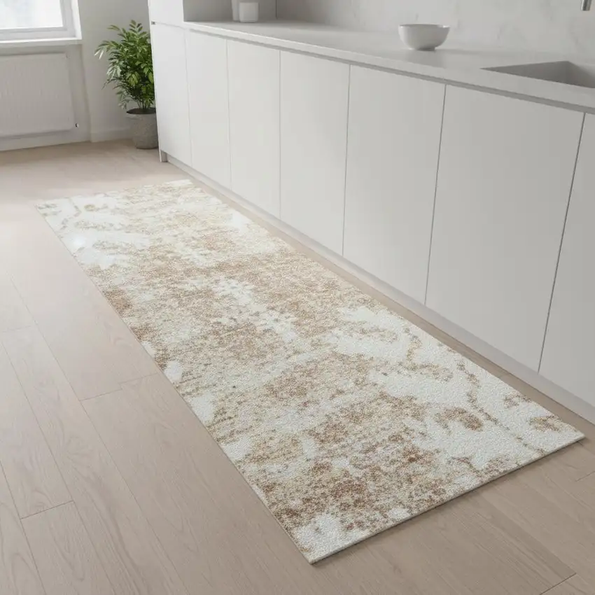 8' Brown Floral Power Loom Worn Faded Runner Rug Photo 1