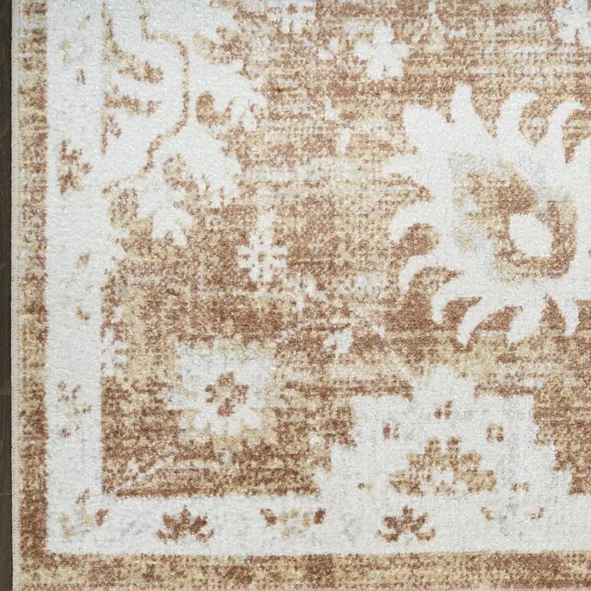 8' Brown Floral Power Loom Worn Faded Runner Rug Photo 9