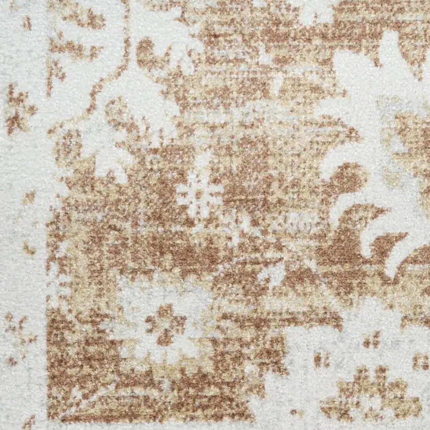 8' Brown Floral Power Loom Worn Faded Runner Rug Photo 8