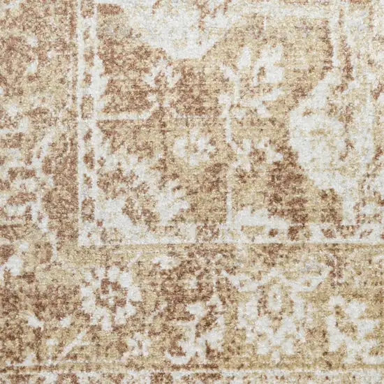 8' Brown Floral Power Loom Worn Faded Runner Rug Photo 9