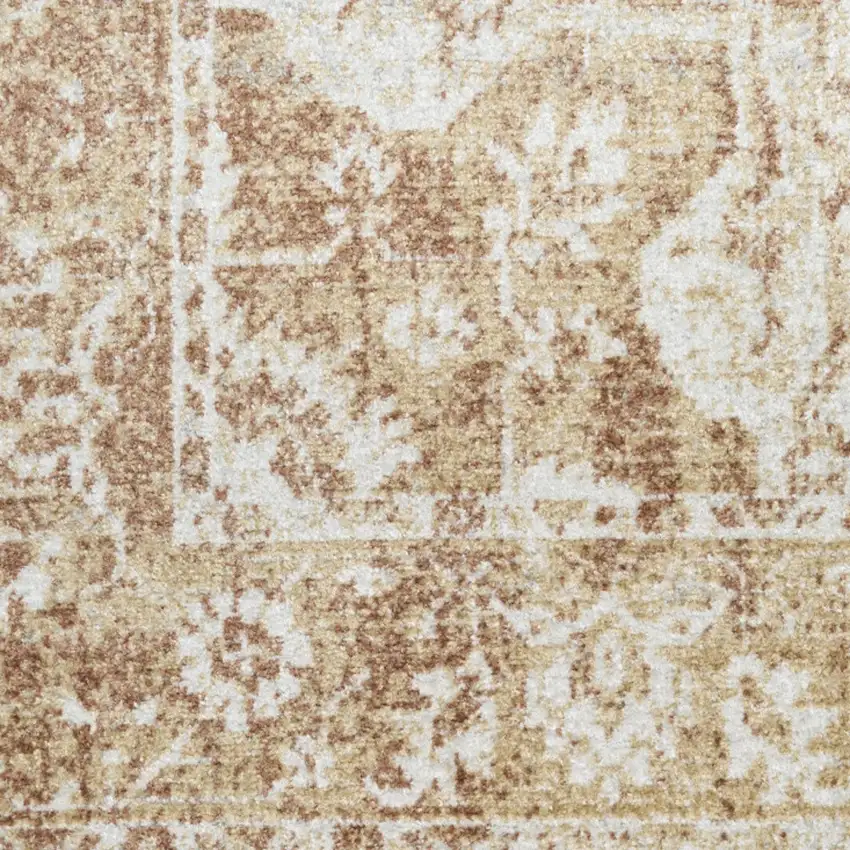 8' Brown Floral Power Loom Worn Faded Runner Rug Photo 9