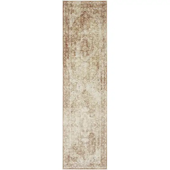 8' Brown Floral Power Loom Worn Faded Runner Rug Photo 8