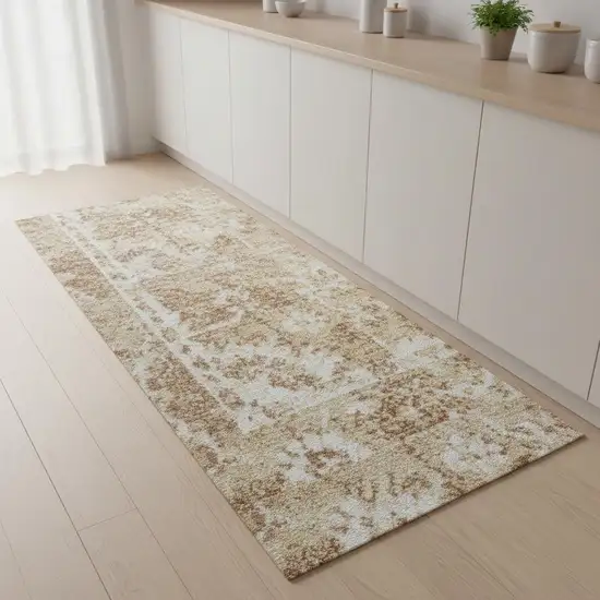 8' Brown Floral Power Loom Worn Faded Runner Rug Photo 1