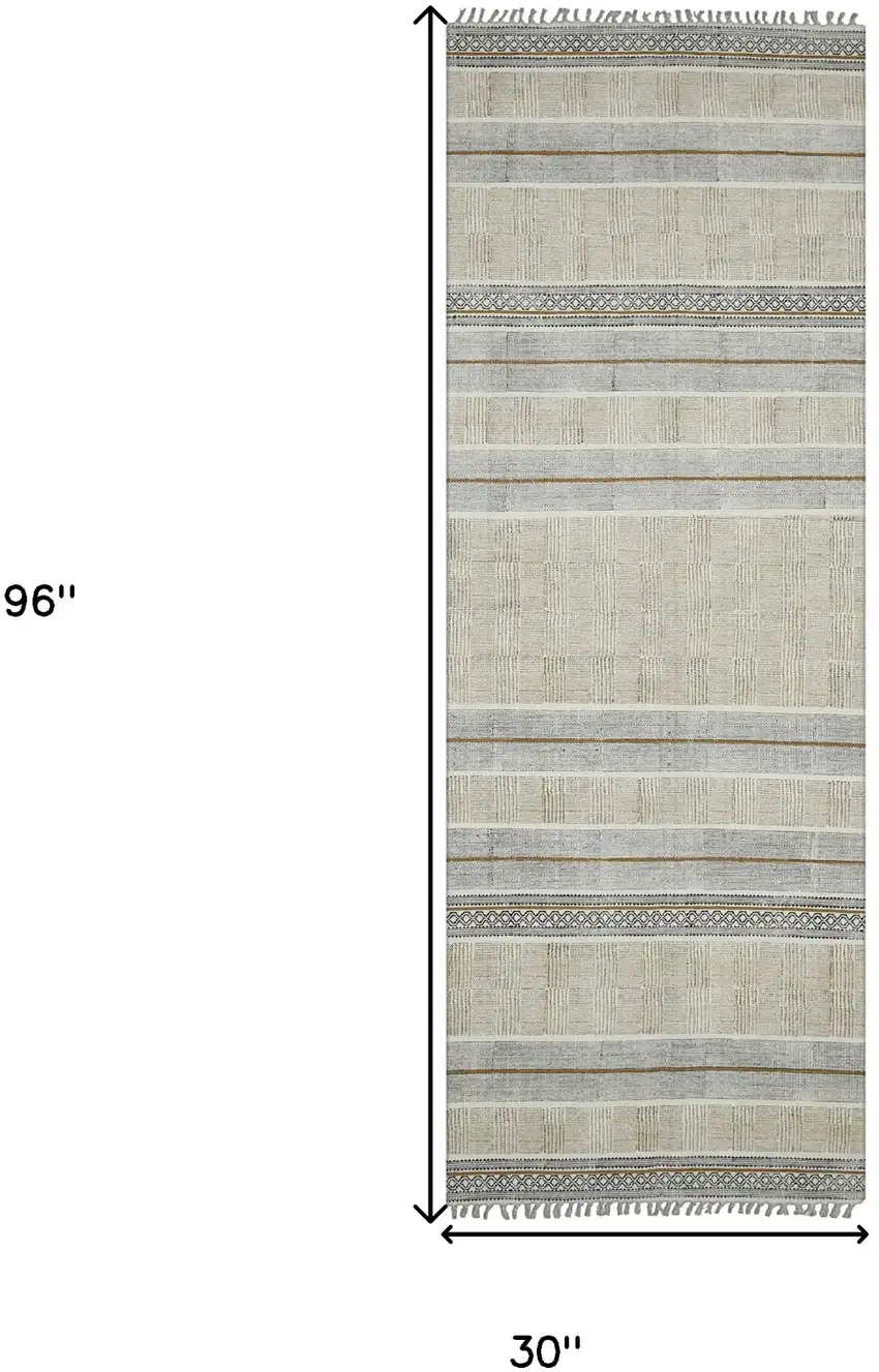 8' Brown Geometric Flatweave Handmade Distressed Runner Rug With Fringe Photo 6