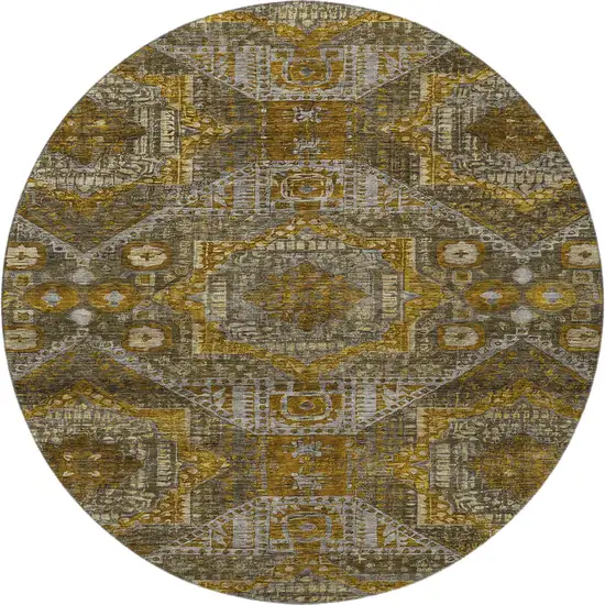 8' Brown Gold And Beige Abstract Geometric Washable Round Rug With UV Protection Photo 4