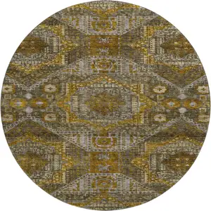 Photo of 8' Brown Gold And Beige Abstract Geometric Washable Round Rug With UV Protection