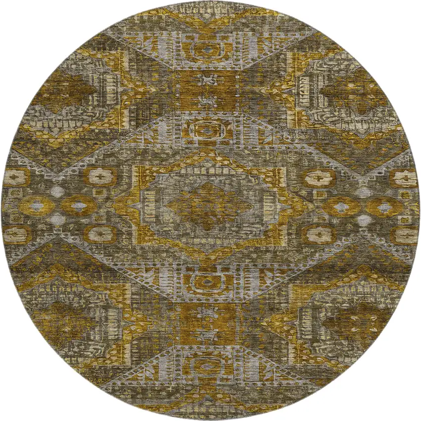 8' Brown Gold And Beige Abstract Geometric Washable Round Rug With UV Protection Photo 1