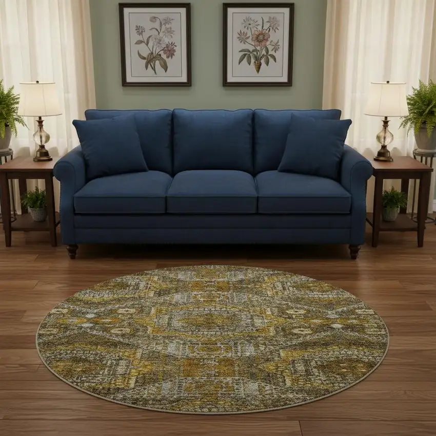 8' Brown Gold And Beige Abstract Geometric Washable Round Rug With UV Protection Photo 2