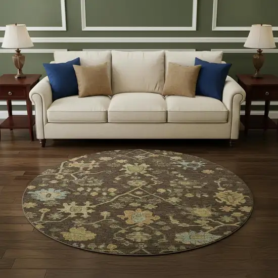 8' Brown Gold And Blue Floral Washable Round Rug With UV Protection Photo 2