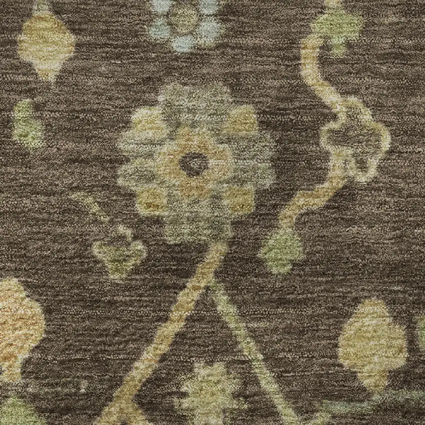 8' Brown Gold And Blue Floral Washable Round Rug With UV Protection Photo 9