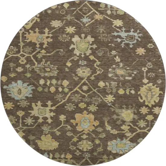 8' Brown Gold And Blue Floral Washable Round Rug With UV Protection Photo 1