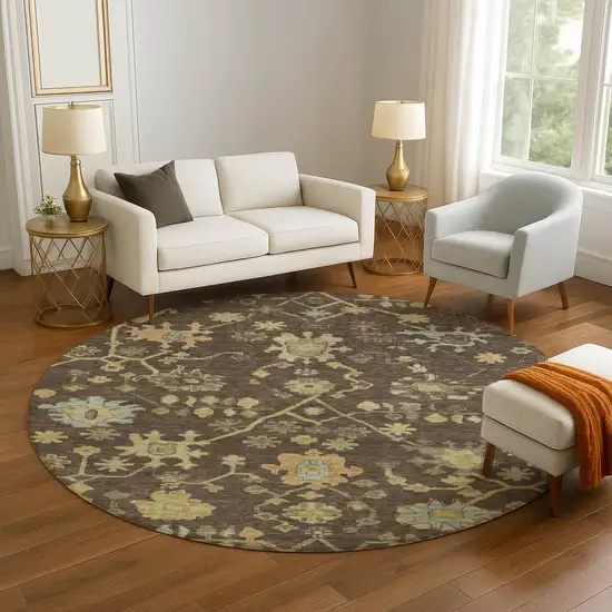 8' Brown Gold And Blue Floral Washable Round Rug With UV Protection Photo 5