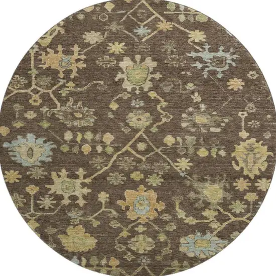 8' Brown Gold And Blue Floral Washable Round Rug With UV Protection Photo 4