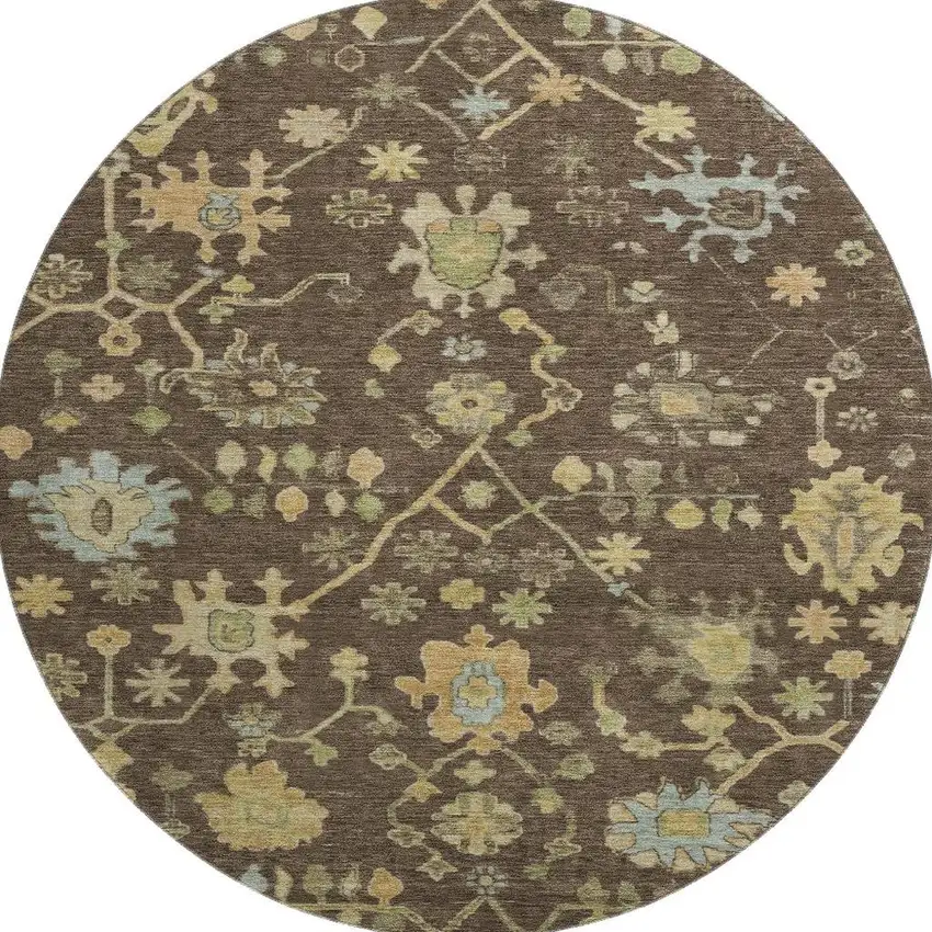 8' Brown Gold And Blue Floral Washable Round Rug With UV Protection Photo 4