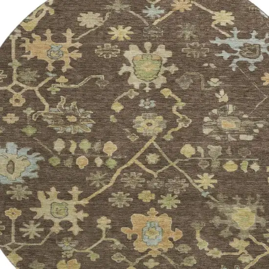 8' Brown Gold And Blue Floral Washable Round Rug With UV Protection Photo 3