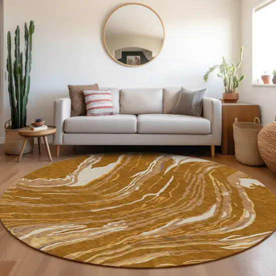 8' Brown Gold And Copper Round Abstract Washable Indoor Outdoor Area Rug Photo 7