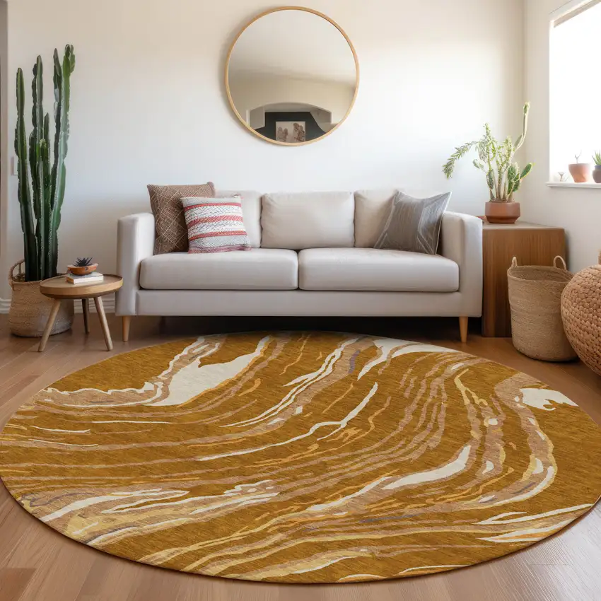 8' Brown Gold And Copper Round Abstract Washable Indoor Outdoor Area Rug Photo 7