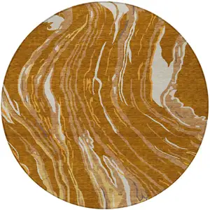 Photo of 8' Brown Gold And Copper Round Abstract Washable Indoor Outdoor Area Rug