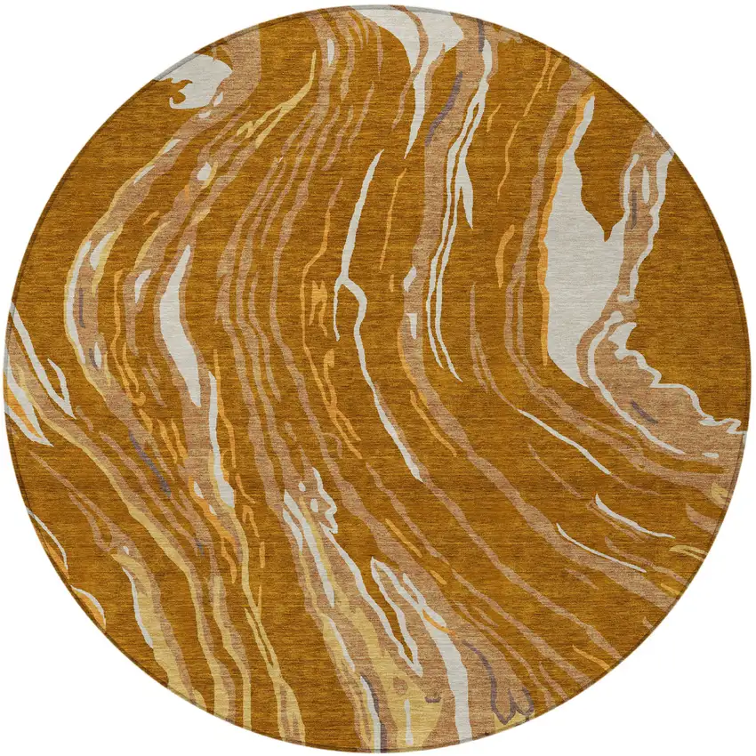 8' Brown Gold And Copper Round Abstract Washable Indoor Outdoor Area Rug Photo 5