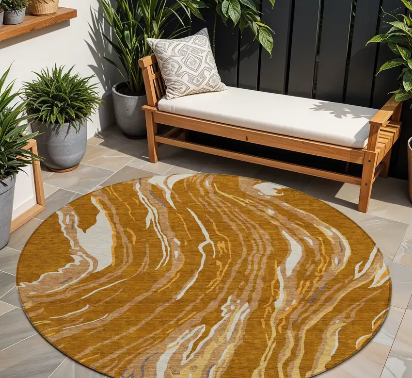 8' Brown Gold And Copper Round Abstract Washable Indoor Outdoor Area Rug Photo 1