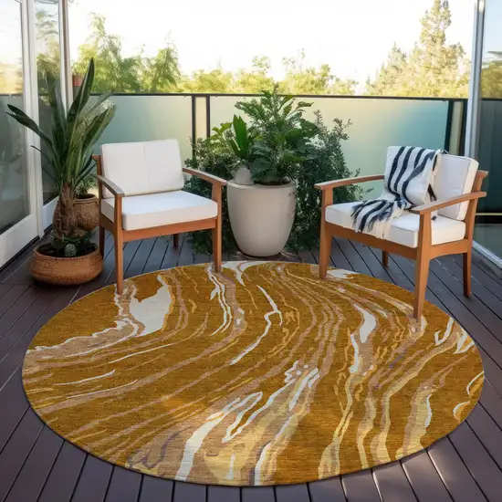 8' Brown Gold And Copper Round Abstract Washable Indoor Outdoor Area Rug Photo 6