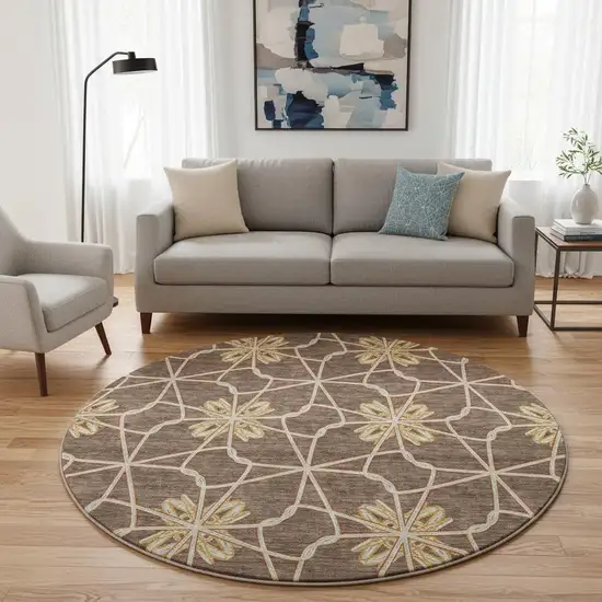 8' Brown Gold And Gray Geometric Washable Round Rug With UV Protection Photo 2