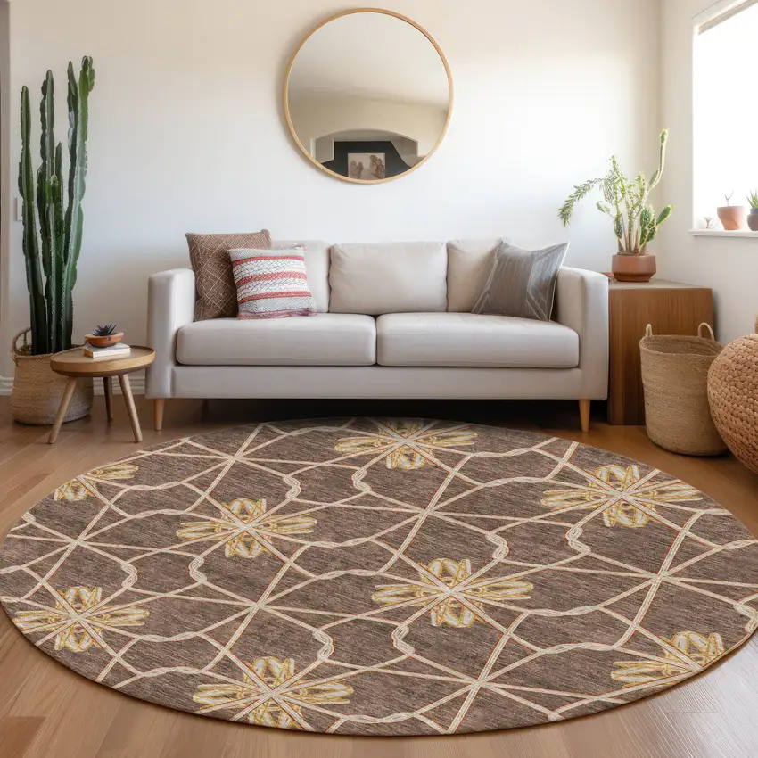 8' Brown Gold And Gray Geometric Washable Round Rug With UV Protection Photo 4