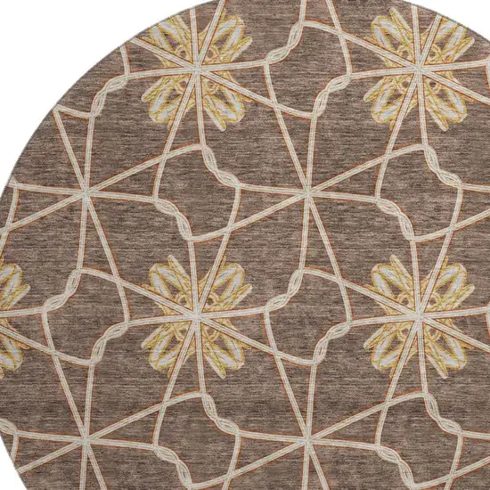 8' Brown Gold And Gray Geometric Washable Round Rug With UV Protection Photo 2