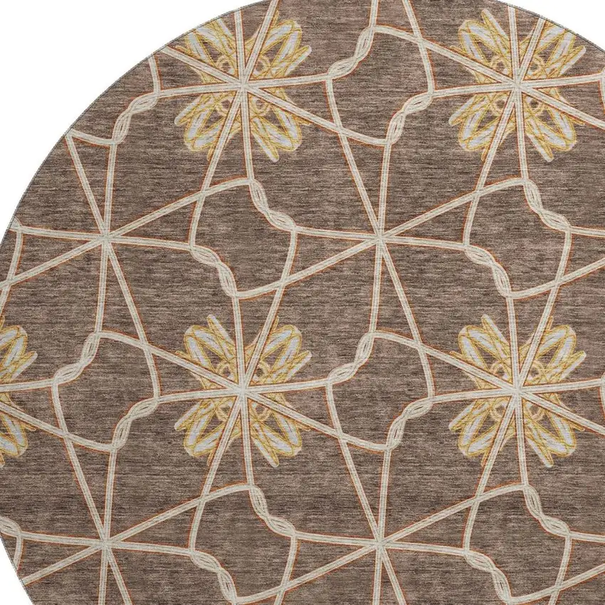 8' Brown Gold And Gray Geometric Washable Round Rug With UV Protection Photo 2